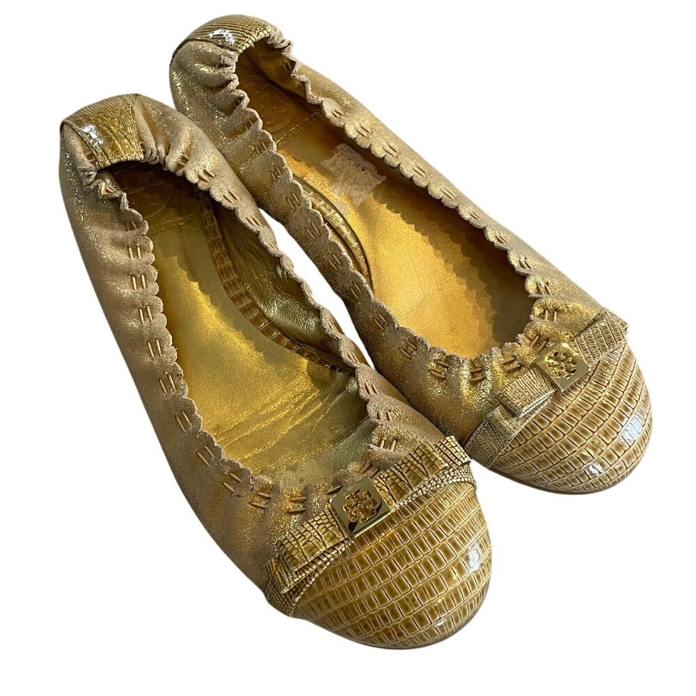 Tory Burch Romy Tan & Gold Cap Toe Leather Ballet Flats Shoes SZ 7.5 Classic EUC